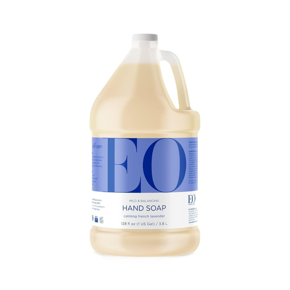 EO front jug showing 128 oz refill and calming lavender scent benefit