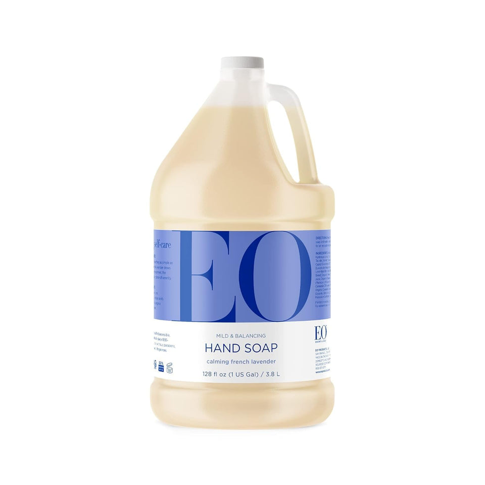EO front jug showing 128 oz refill and calming lavender scent benefit