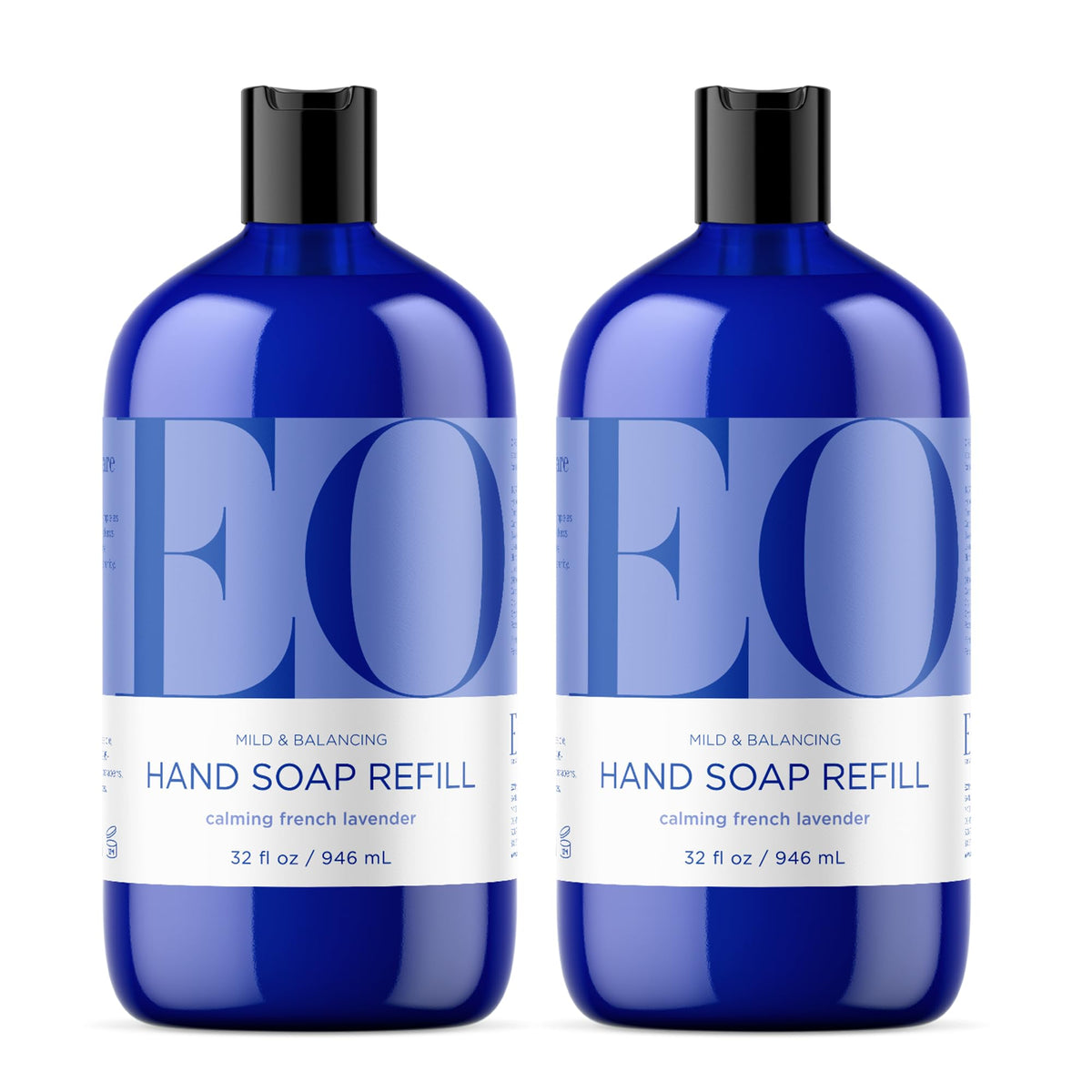 EO front packaging showing two 32-ounce lavender refill bottles and calming scent benefits