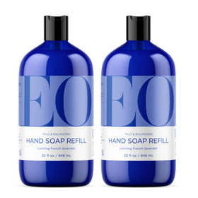 EO front packaging showing two 32-ounce lavender refill bottles and calming scent benefits