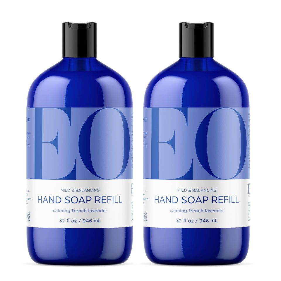 EO front packaging showing two 32-ounce lavender refill bottles and calming scent benefits