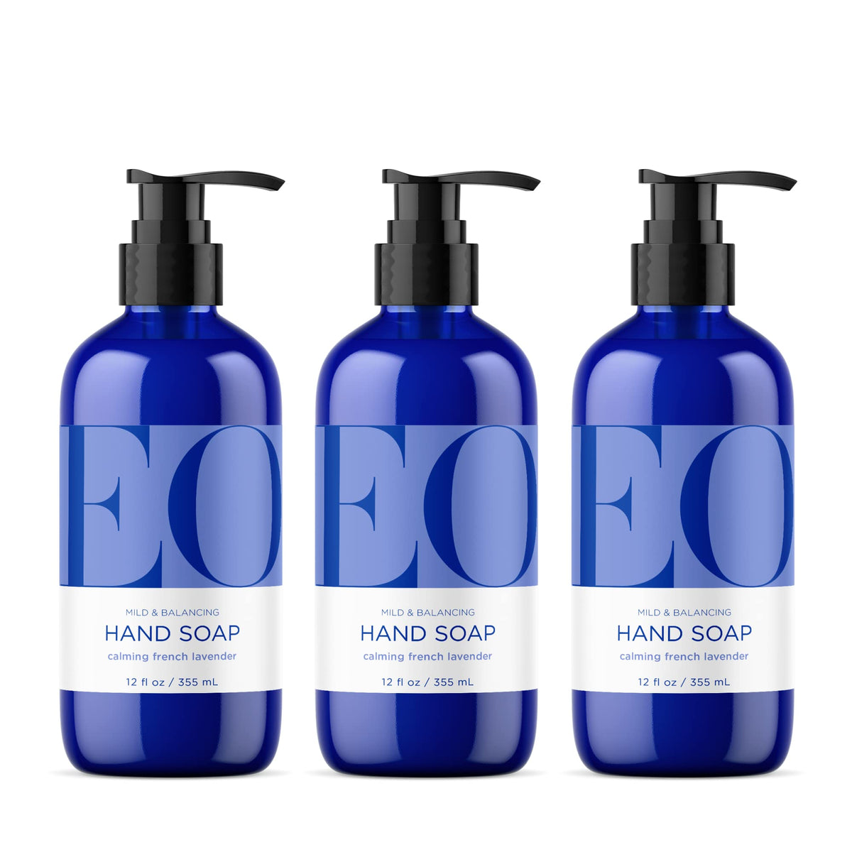 EO front packaging showing three 12 oz bottles and calming lavender scent