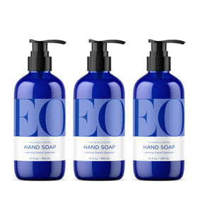 EO front packaging showing three 12 oz bottles and calming lavender scent