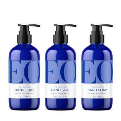 EO front packaging showing three 12 oz bottles and calming lavender scent