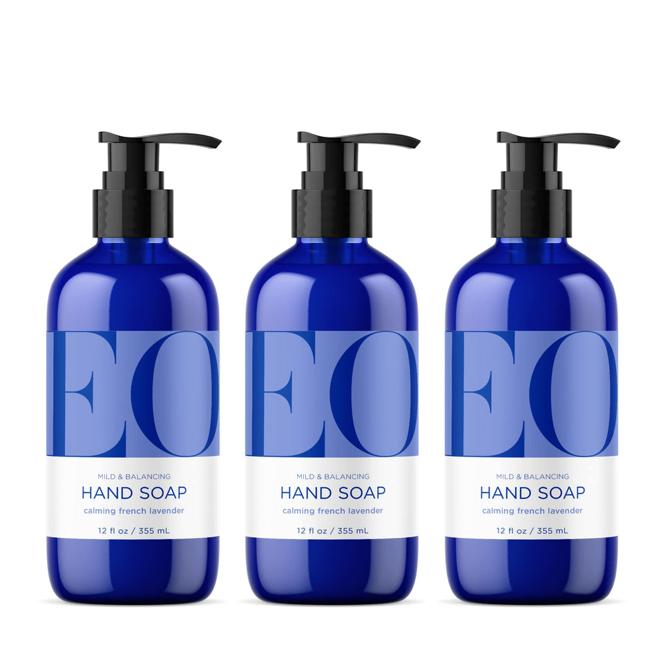 EO front packaging showing three 12 oz bottles and calming lavender scent