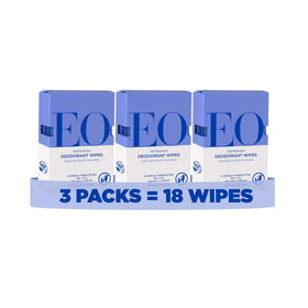 EO front packaging showing French Lavender travel deodorant wipes and product benefits