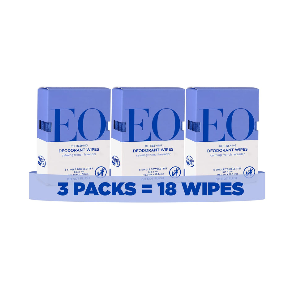 EO front packaging showing French Lavender travel deodorant wipes and product benefits