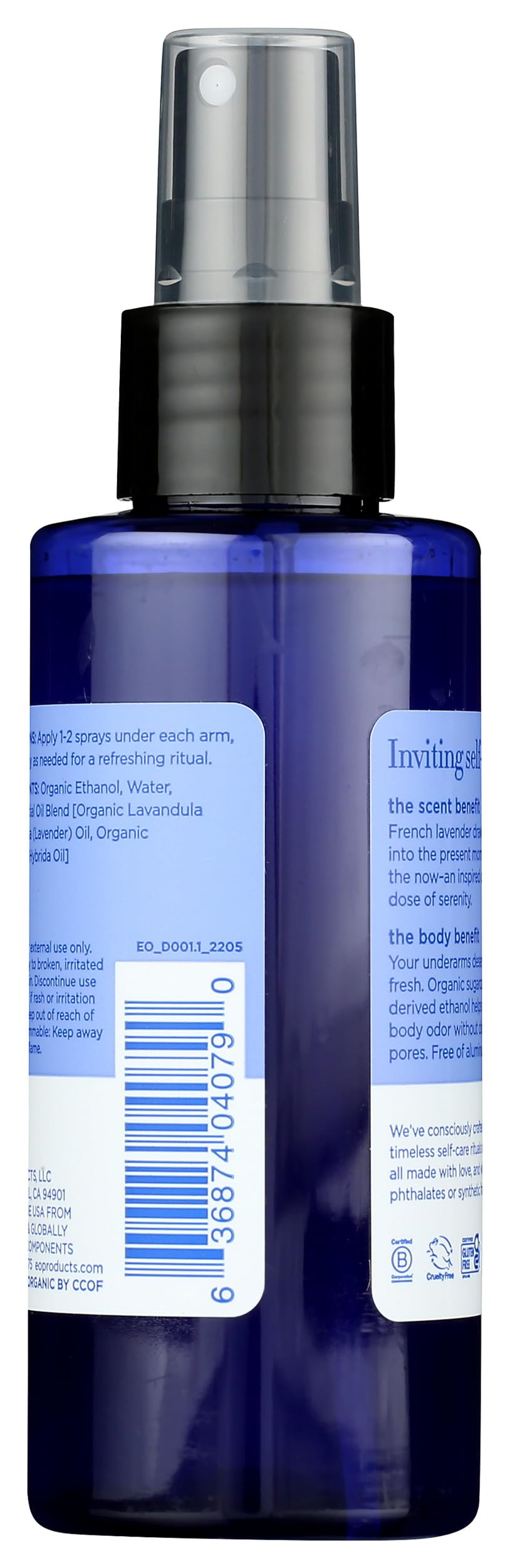 EO lavender deodorant back label listing certified organic ingredients