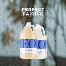 EO gallon next to standard soap bottle for size and value comparison