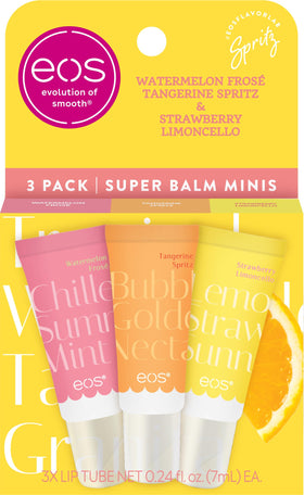 eos front packaging showing three mini balms, travel-ready hydration