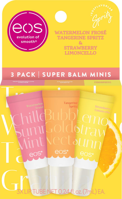 eos front packaging showing three mini balms, travel-ready hydration