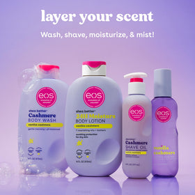 eos bottle with body lotion and wash conveying layered fragrance routine