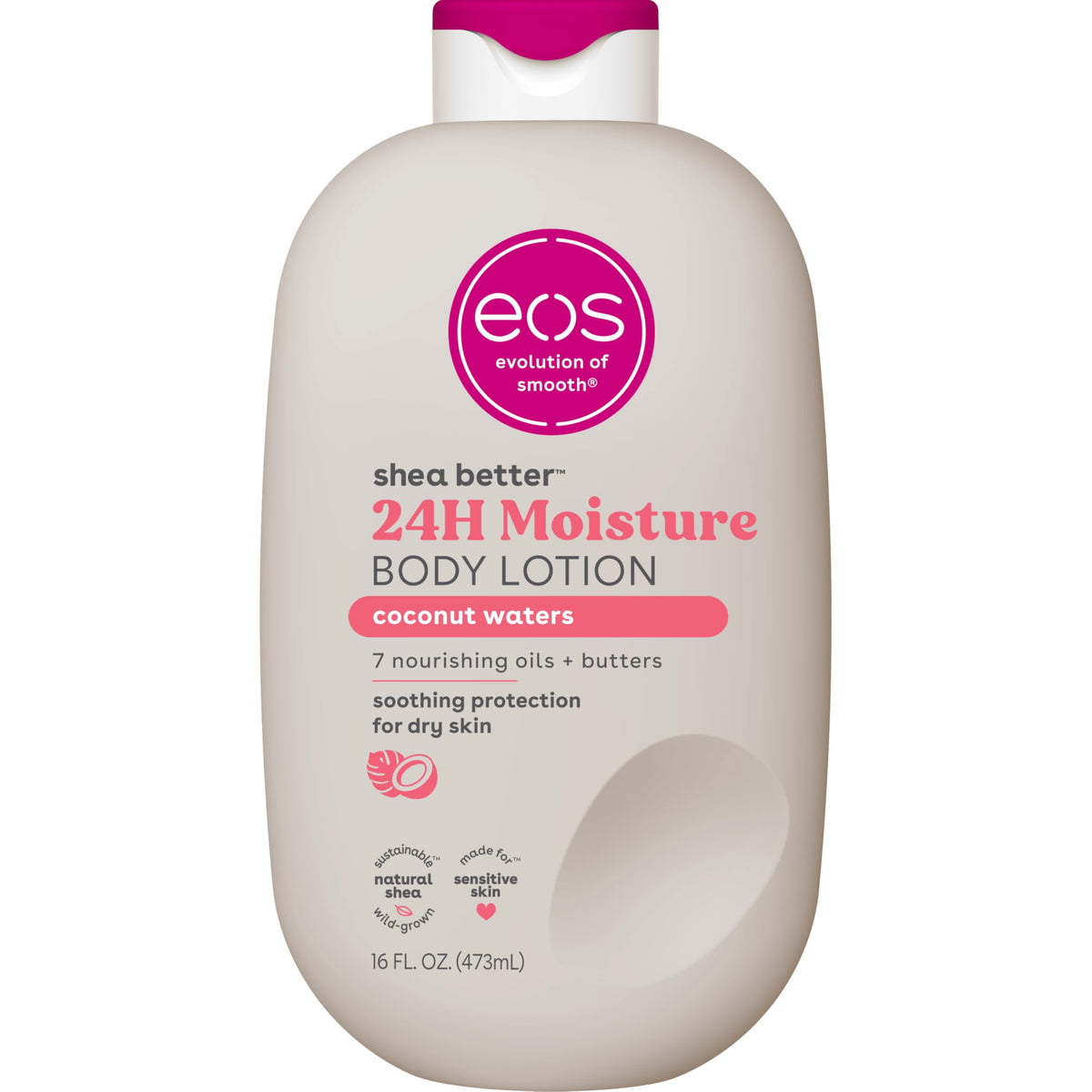 eos front bottle view showing coconut waters scent and 16 fl oz size benefit