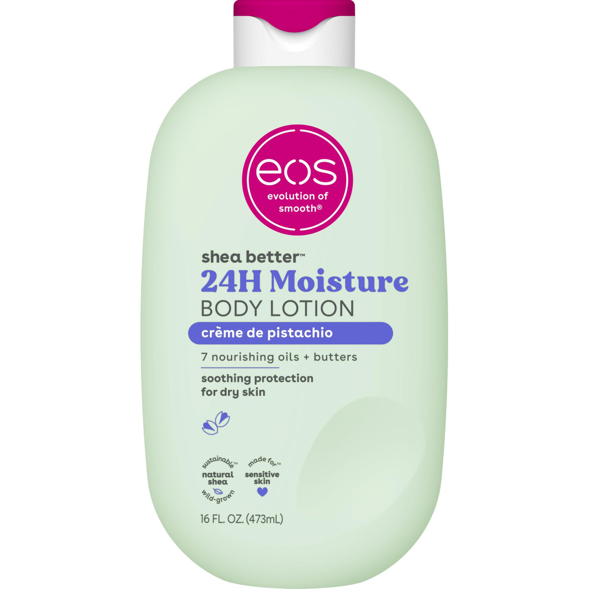 eos bottle front view showing Crème de Pistachio scent and size benefit