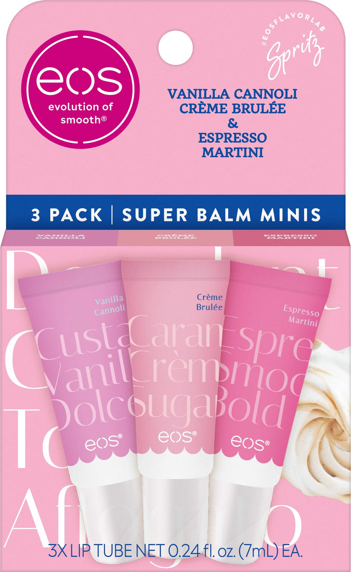 eos Dolce Vita front packaging trio showing three mini balms and flavor labels for easy choice