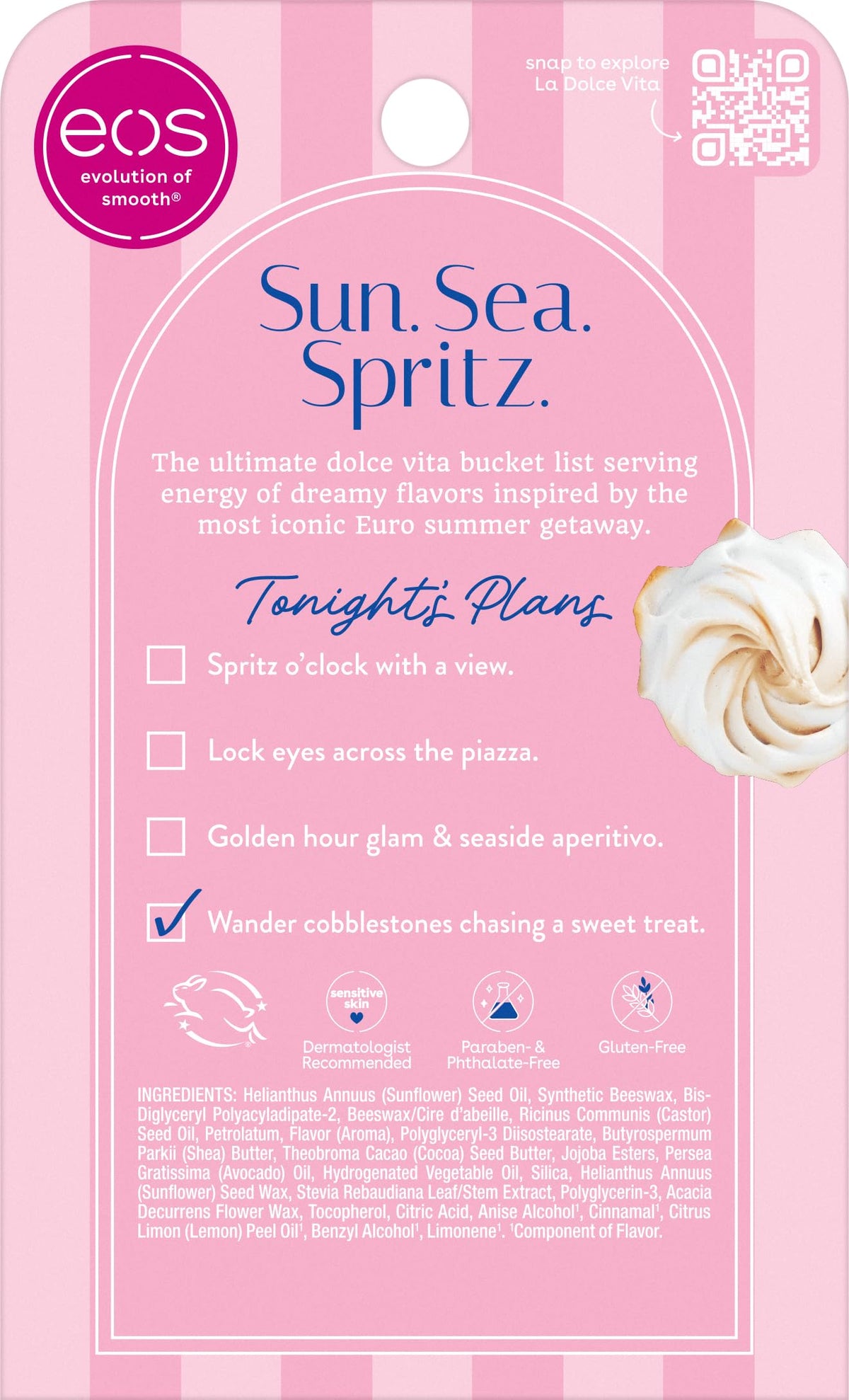 eos Dolce Vita ingredient label view showing shea butter and avocado oil for nourishing care