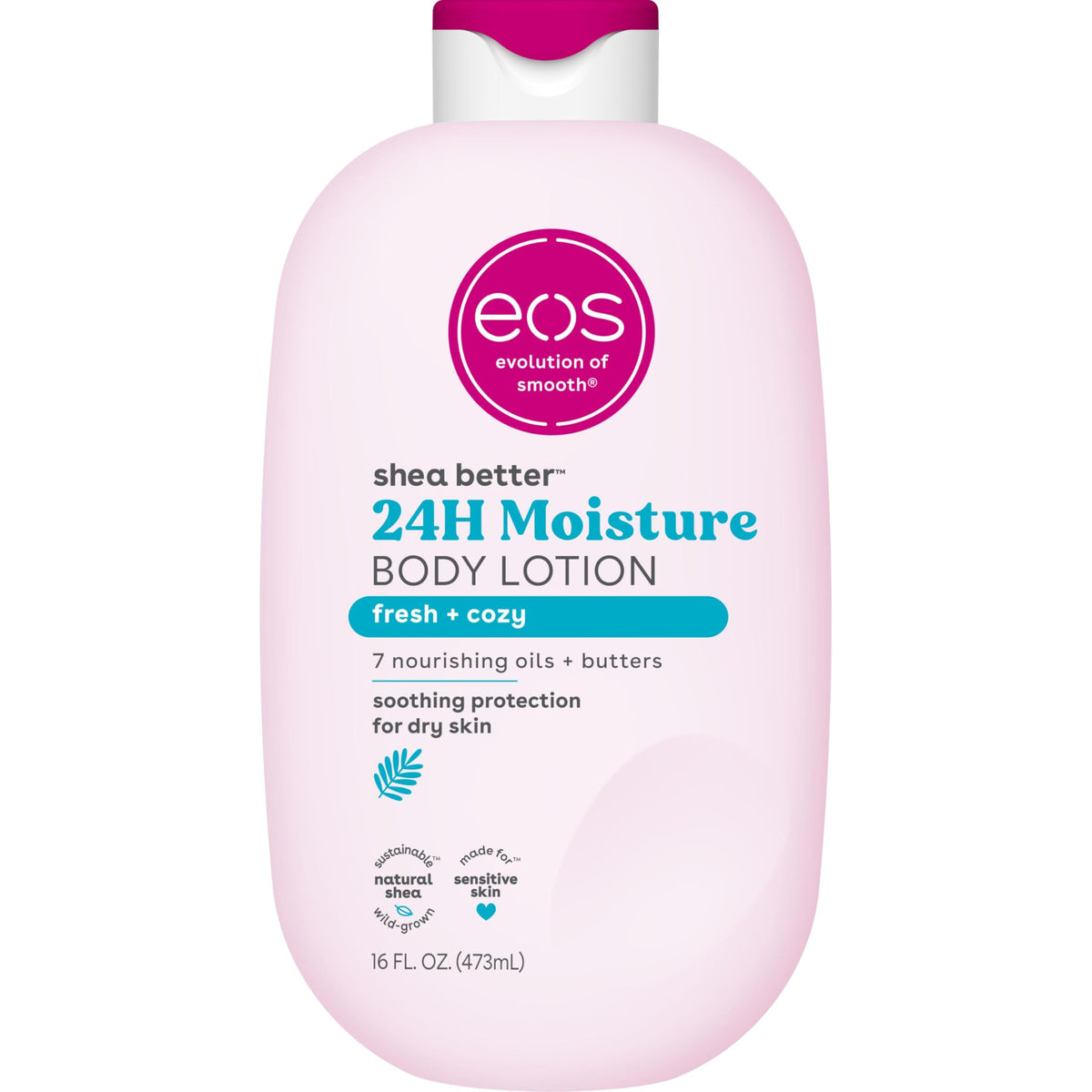 eos front bottle showing Fresh & Cozy 16 fl oz and clear brand hydration benefits