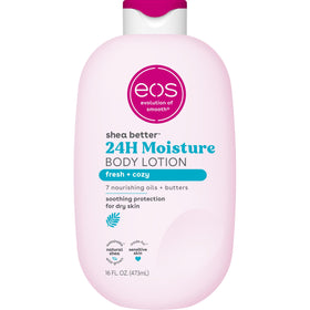 eos front bottle showing Fresh & Cozy 16 fl oz and clear brand hydration benefits