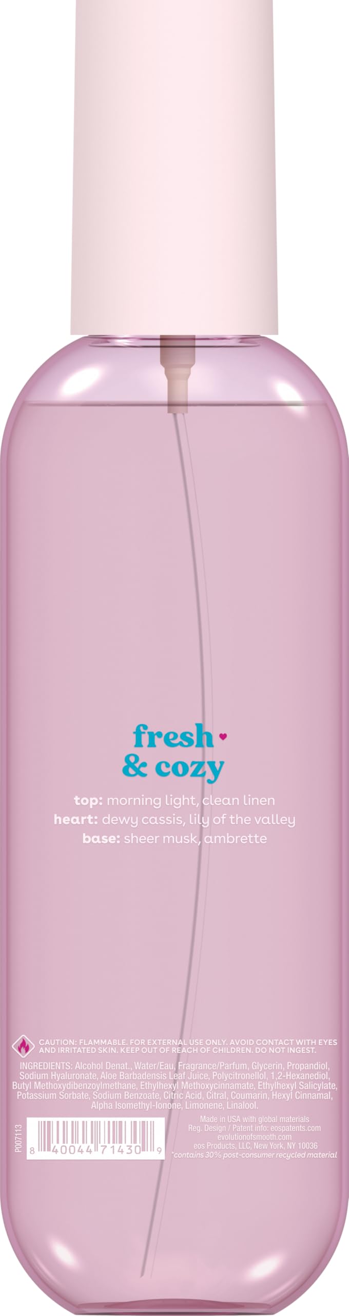 eos Fresh & Cozy ingredients label and packaging highlighting vegan gentle formula