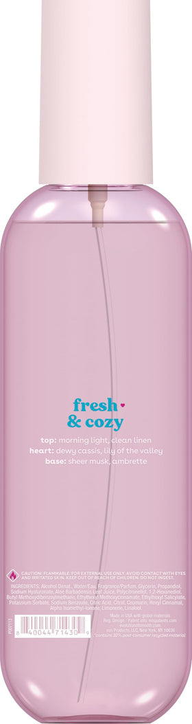 eos Fresh & Cozy ingredients label and packaging highlighting vegan gentle formula