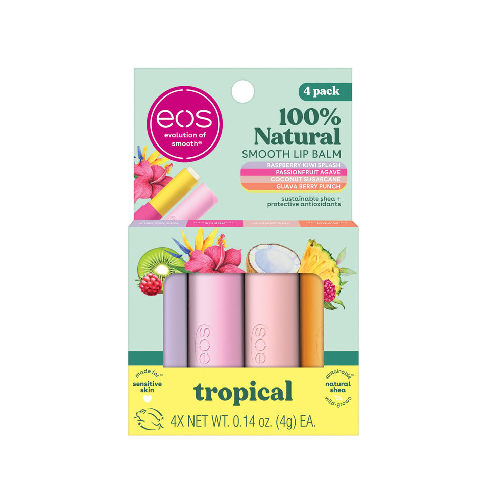 eos front packaging 4-pack showing four tropical flavor options and convenience
