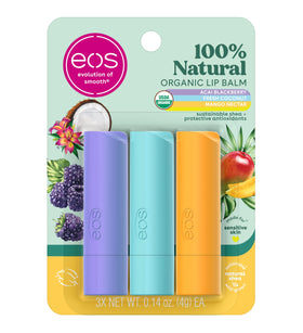 eos front packaging showing three flavored balm sticks for easy choice and portability