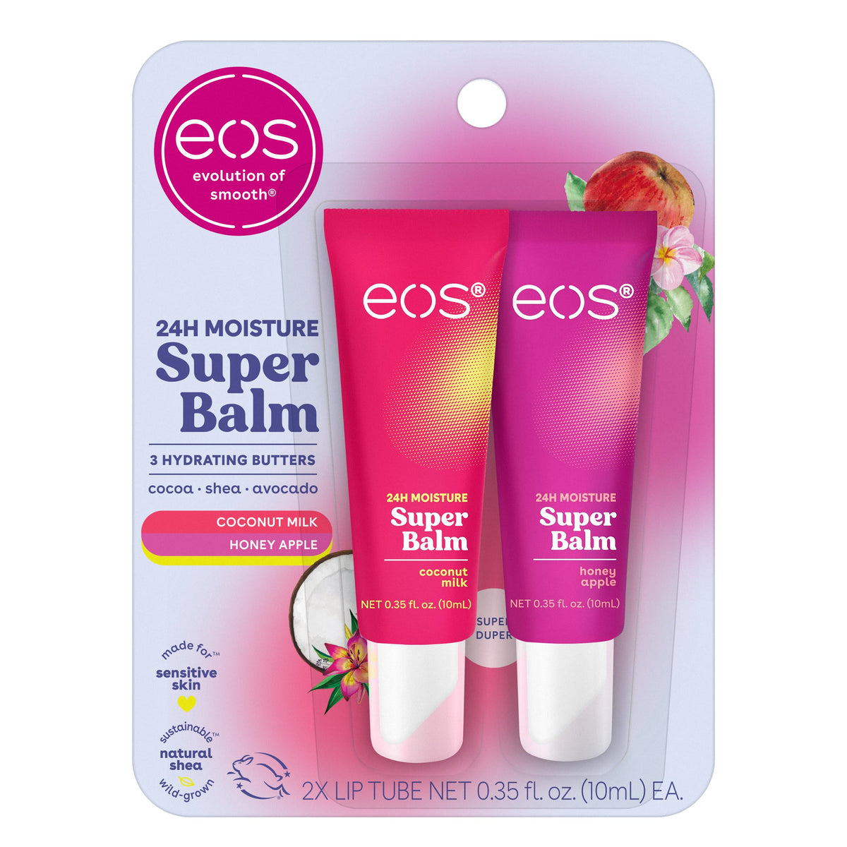 eos front packaging showing coconut milk and honey apple flavors and benefits