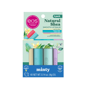 eos front packaging showing four minty tin balms and gift-ready presentation benefit hydration