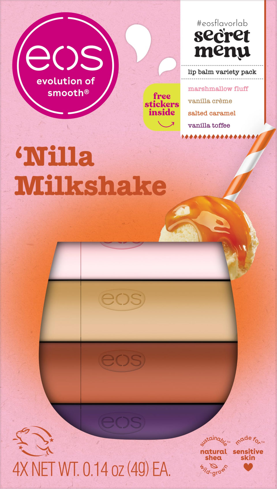 eos front packaging showing four 'Nilla Milkshake' balms and sticker sheet for a collectible gift