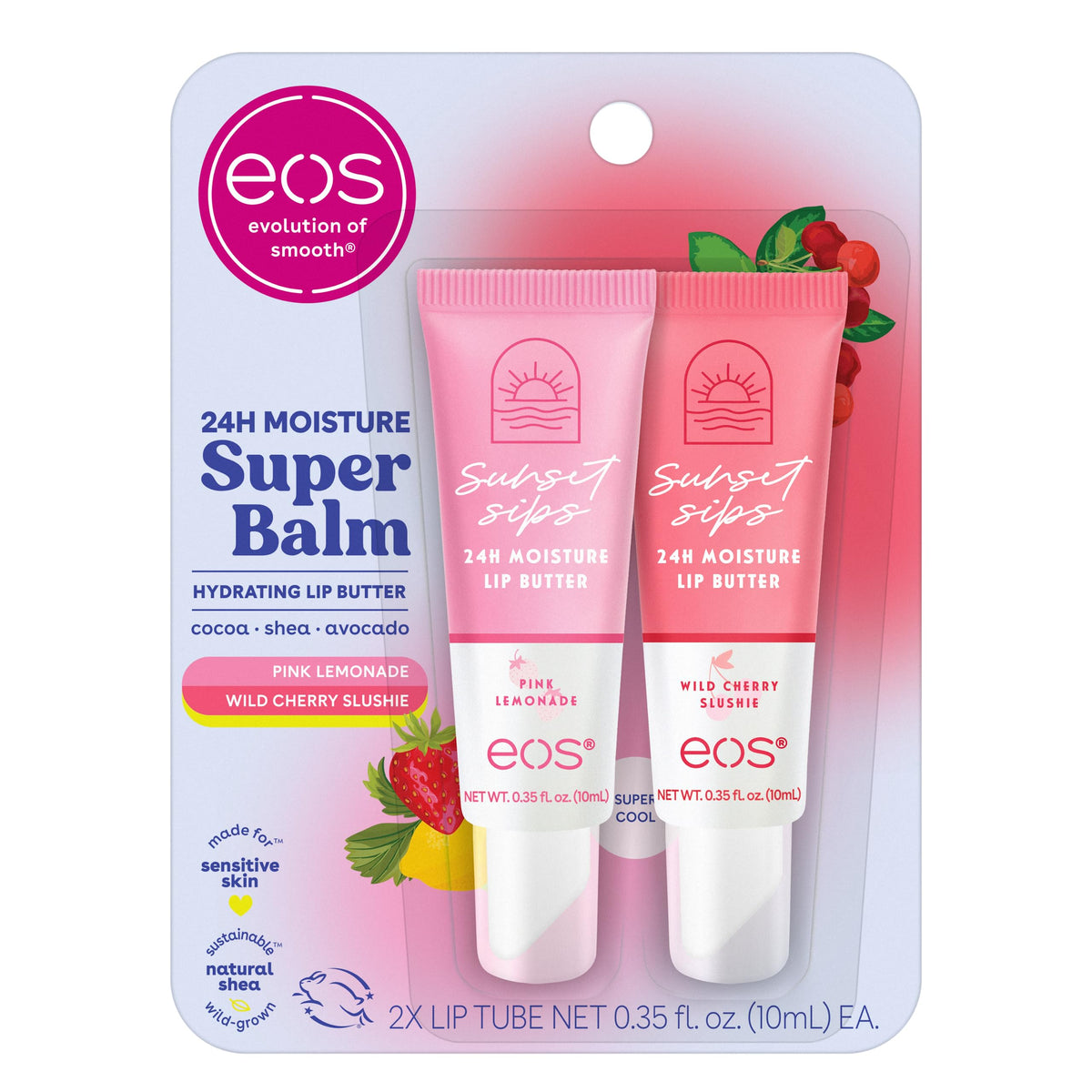 eos front packaging showing both flavors and convenient two-pack benefit