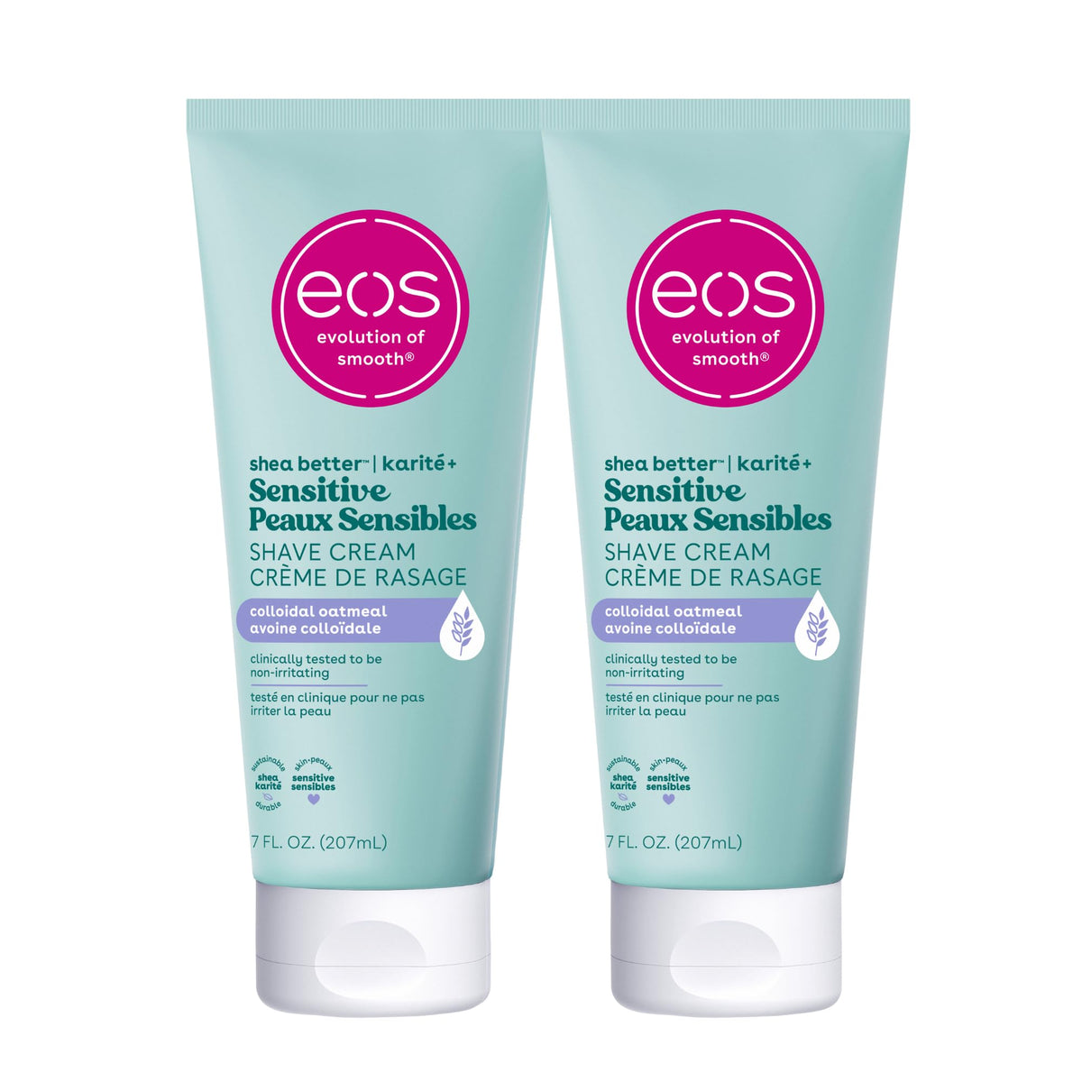 eos front packaging showing two fragrance-free shave cream tubs and benefits