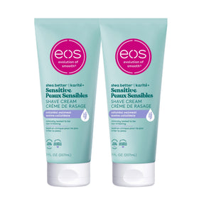 eos front packaging showing two fragrance-free shave cream tubs and benefits