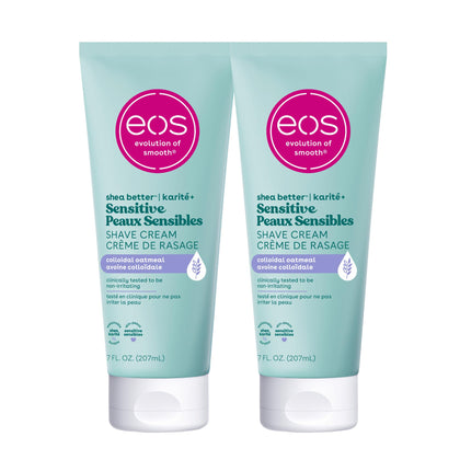 eos front packaging showing two fragrance-free shave cream tubs and benefits