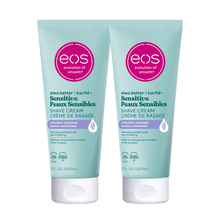 eos front packaging showing two fragrance-free shave cream tubs and benefits