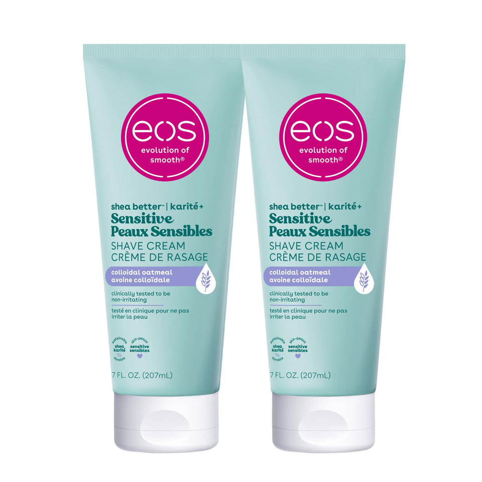 eos front packaging showing two fragrance-free shave cream tubs and benefits