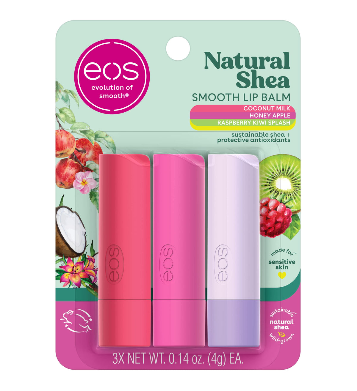 eos three-tube front packaging showing flavors and colorful design for easy selection