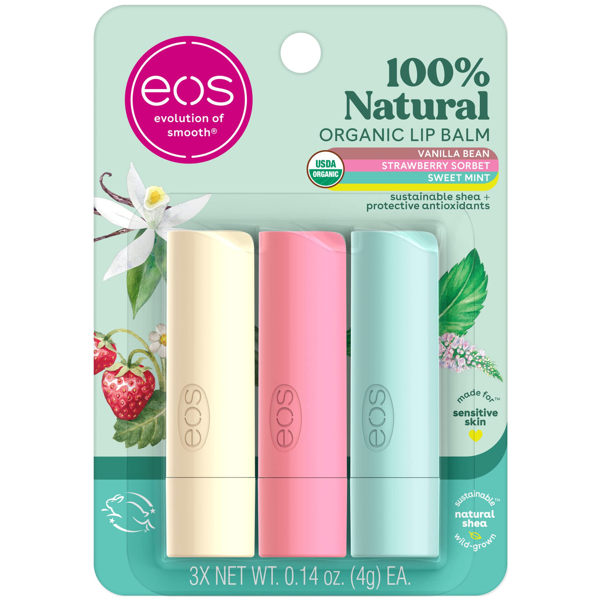 eos trio front packaging showing three organic lip balms for daily hydration