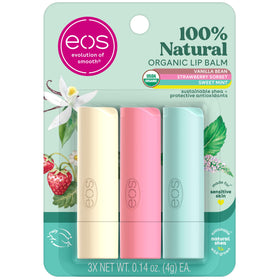 eos trio front packaging showing three organic lip balms for daily hydration