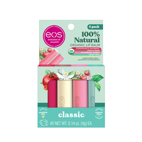 eos front packaging showing four organic lip balm sticks and flavors for convenient hydration