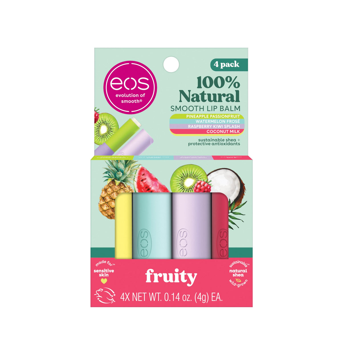 eos front packaging showing four-flavor assortment and portable benefits