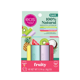 eos front packaging showing four-flavor assortment and portable benefits