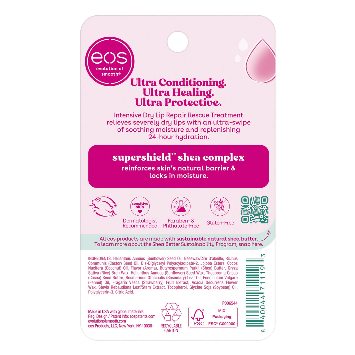 eos The Hero Lip Repair shea butter and strawberry extract ingredients emphasizing natural nourishment