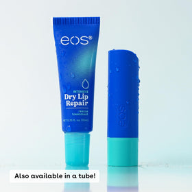 eos The Hero Lip Repair next to a coin for scale showing compact travel-friendly size
