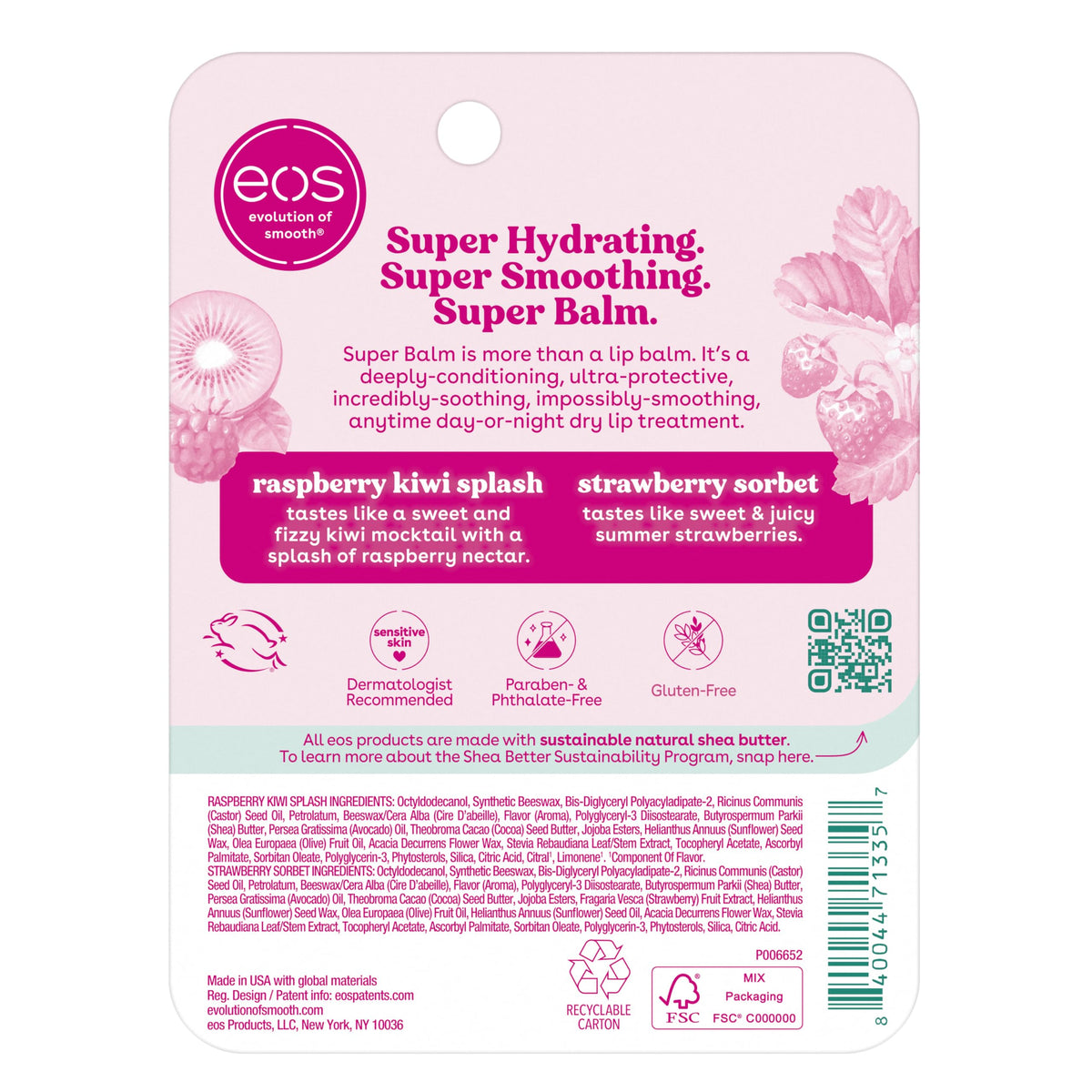 eos ingredient label highlighting shea and cocoa butters benefit: sustainably sourced nutrition