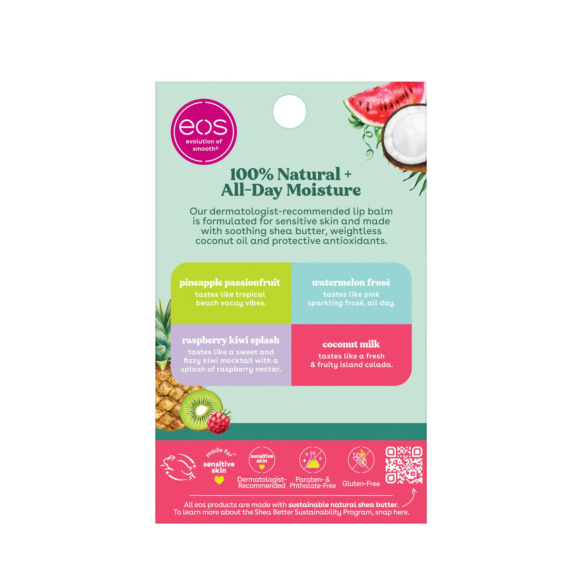 eos ingredients label close-up showing natural oils and hypoallergenic benefits
