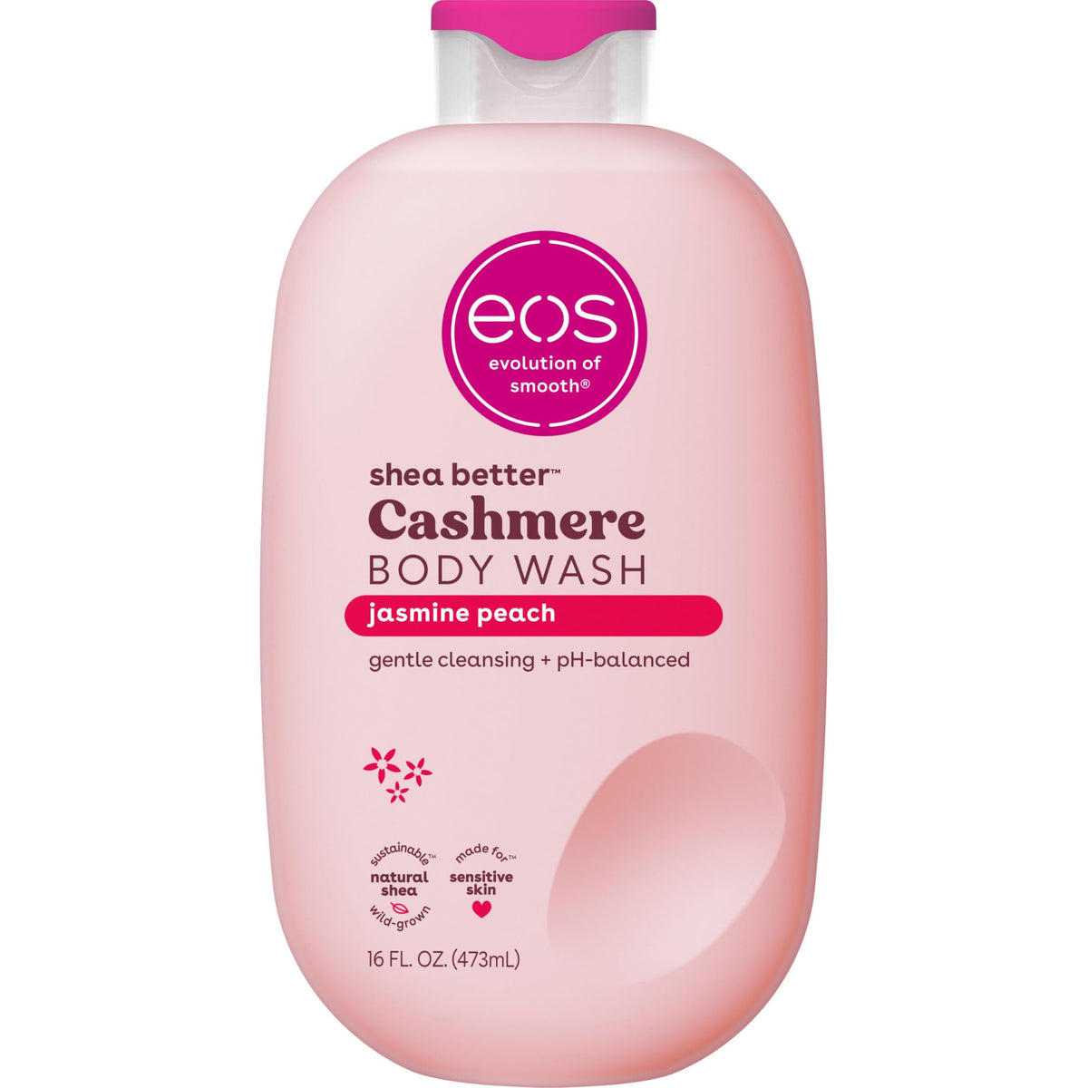 eos jasmine peach front bottle showing packaging and moisturizing benefit