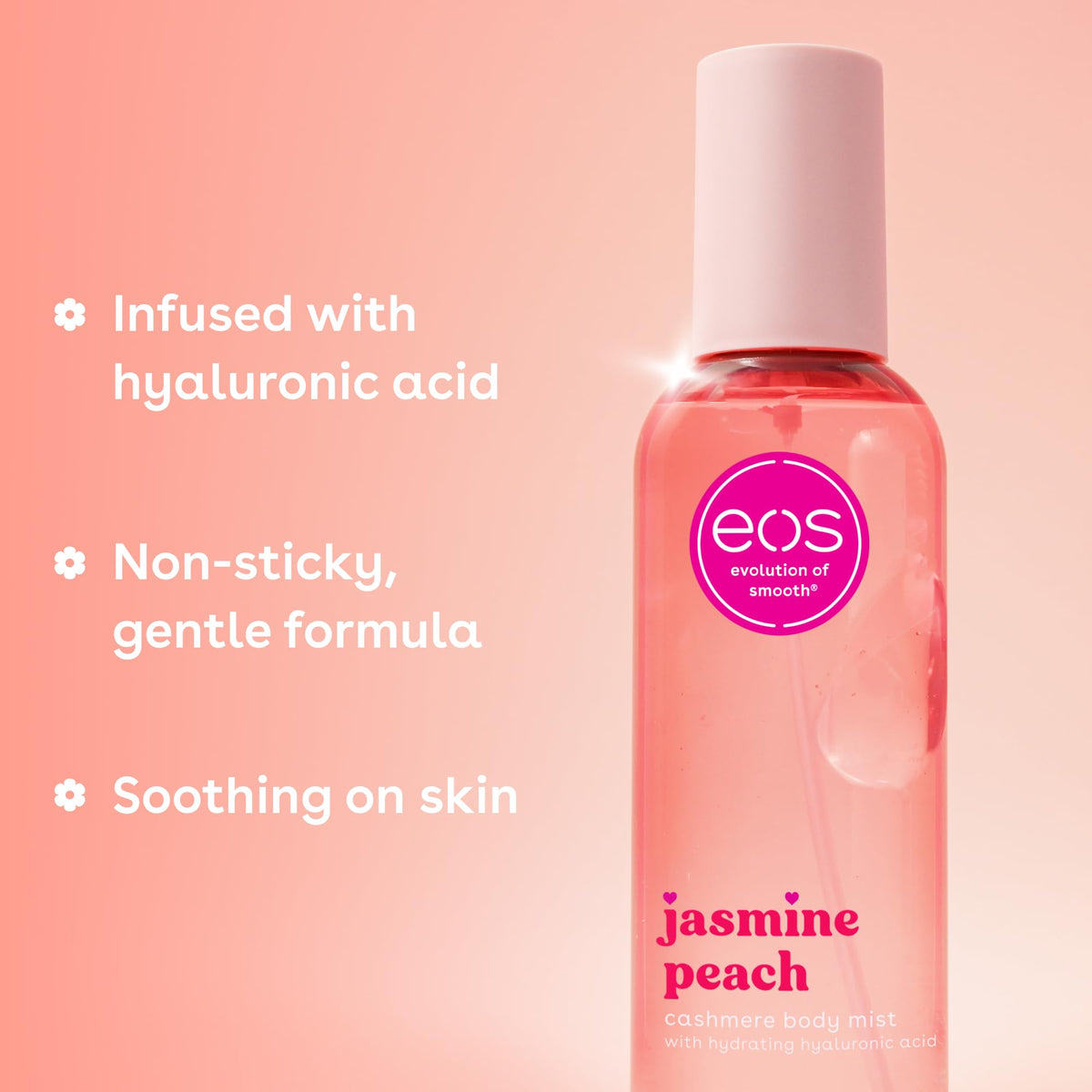 eos Jasmine Peach mist spraying from nozzle, demonstrates fine even application