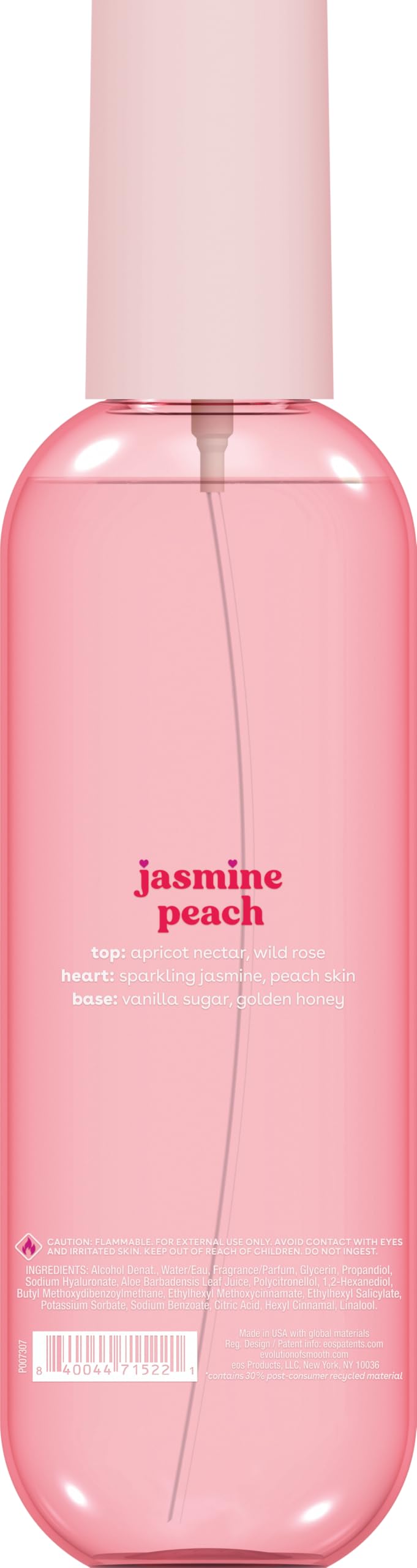 eos Jasmine Peach bottle held in hand for size comparison, shows portable 6 fl oz