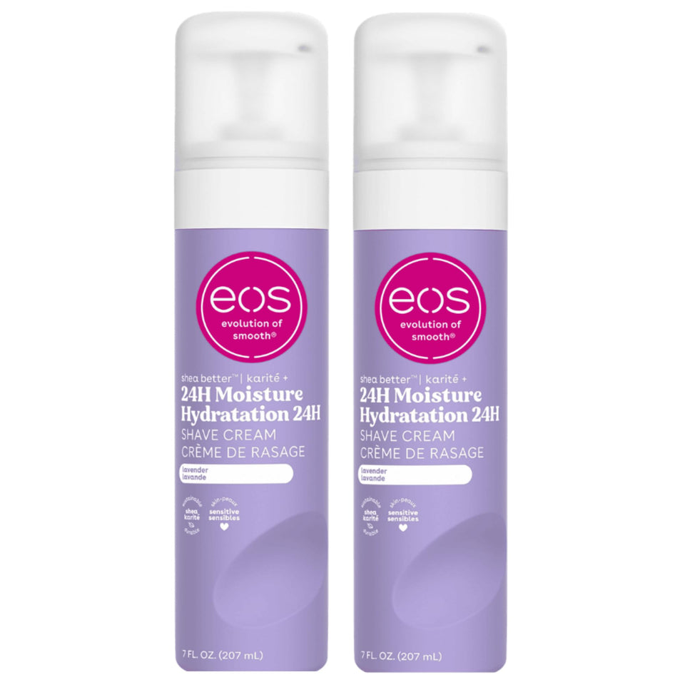 eos lavender shave cream front packaging shows calming scent and size benefit