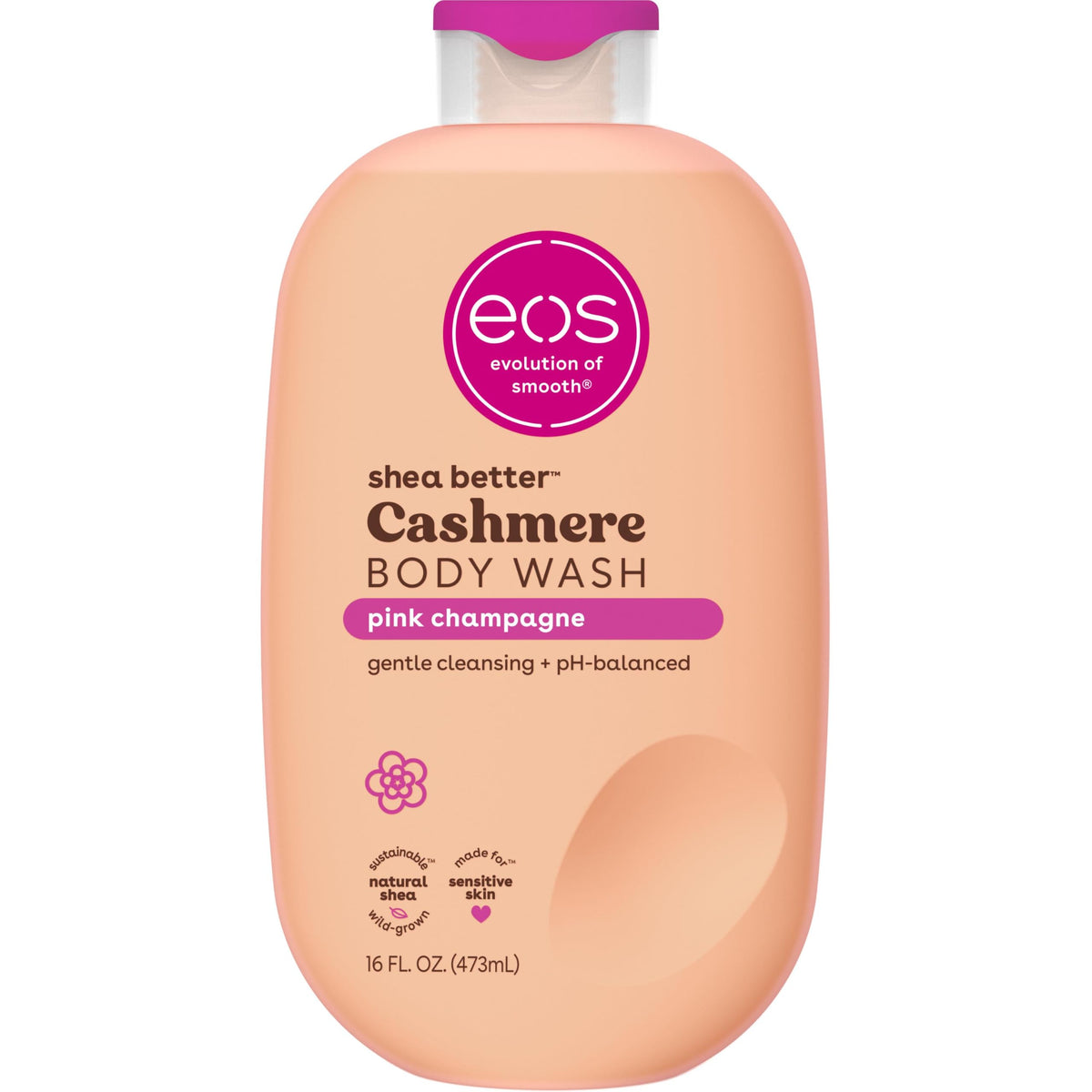 eos front bottle showing pink champagne label and hydration benefit